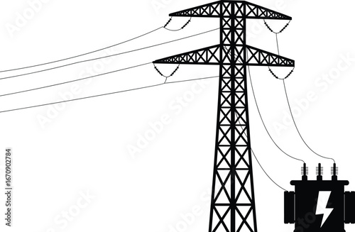 High voltage power transmission tower with electrical transformer, power lines, energy distribution, electrical infrastructure, electricity supply, industrial energy, electrical grid system