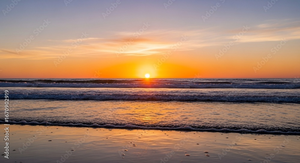 Fototapeta premium Ocean waves at sunset serene beach scene with golden light and tranquil waters