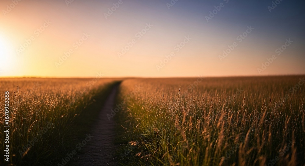 Fototapeta premium Path through golden grass field at sunset landscape