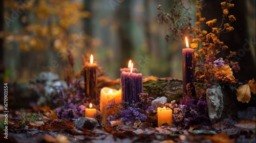 Burning magic candles in forest for witch ritual or celebrating pagan holiday. Mysterious fairy scene. Samhain sabbat, Mabon, Halloween, All hallows eve. Witchcraft, esoteric spiritual practice