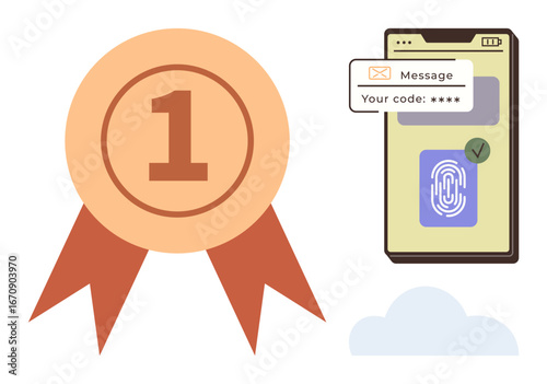 Golden ribbon with 1, smartphone with fingerprint scanner, login code via message, and cloud icon. Ideal for cybersecurity, authentication, technology, recognition, success data protection devices