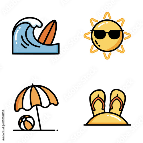 Minimalist summer themed icon set with wave and surfboard, smiling sun, striped umbrella, beach ball, and flip flops