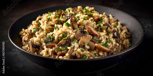 Risotto al Funghi or mushroom risotto in dish on dark background