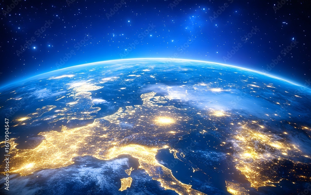 Naklejka premium Stunning Night View of Europe from Space Earth Globe