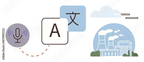 Microphone transmitting audio to multilingual text, adjacent to industrial plant illustration. Ideal for communication, language learning, automation, technology, translation, education, energy