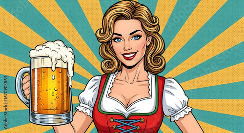 Cheerful Woman in Dirndl Holding Beer Mug, Oktoberfest Pop Art Illustration