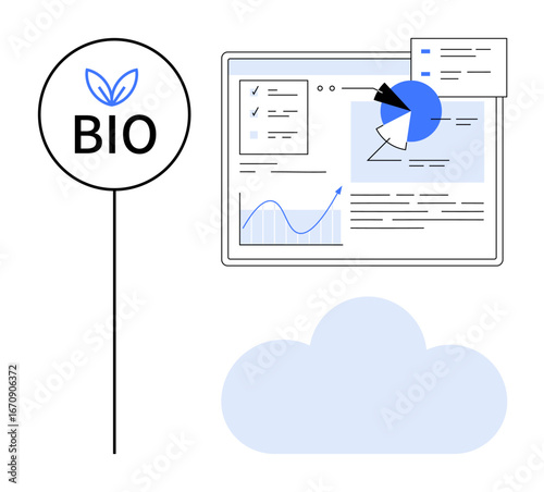 Data dashboard with charts, text, and analytics beside Bio sign with leaf symbol. Cloud graphic below. Ideal for sustainability, eco-analytics, green tech, data visualizations, environmental