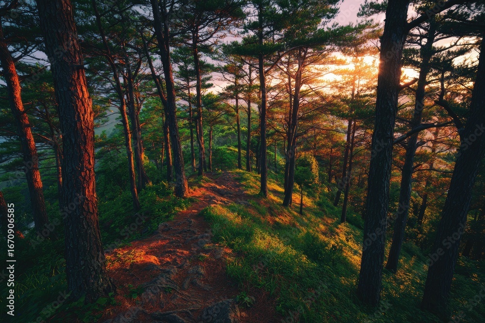 Obraz premium Sunlit path through pine forest at sunrise