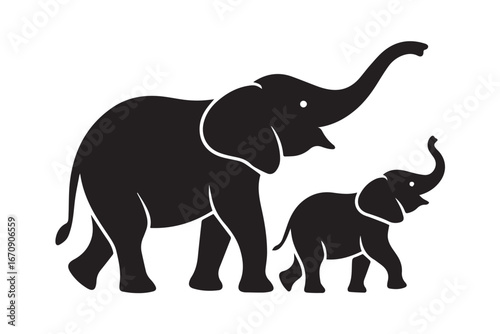black silhouette vector of adult and baby elephant facing right with raised trunks for educational wildlife presentation