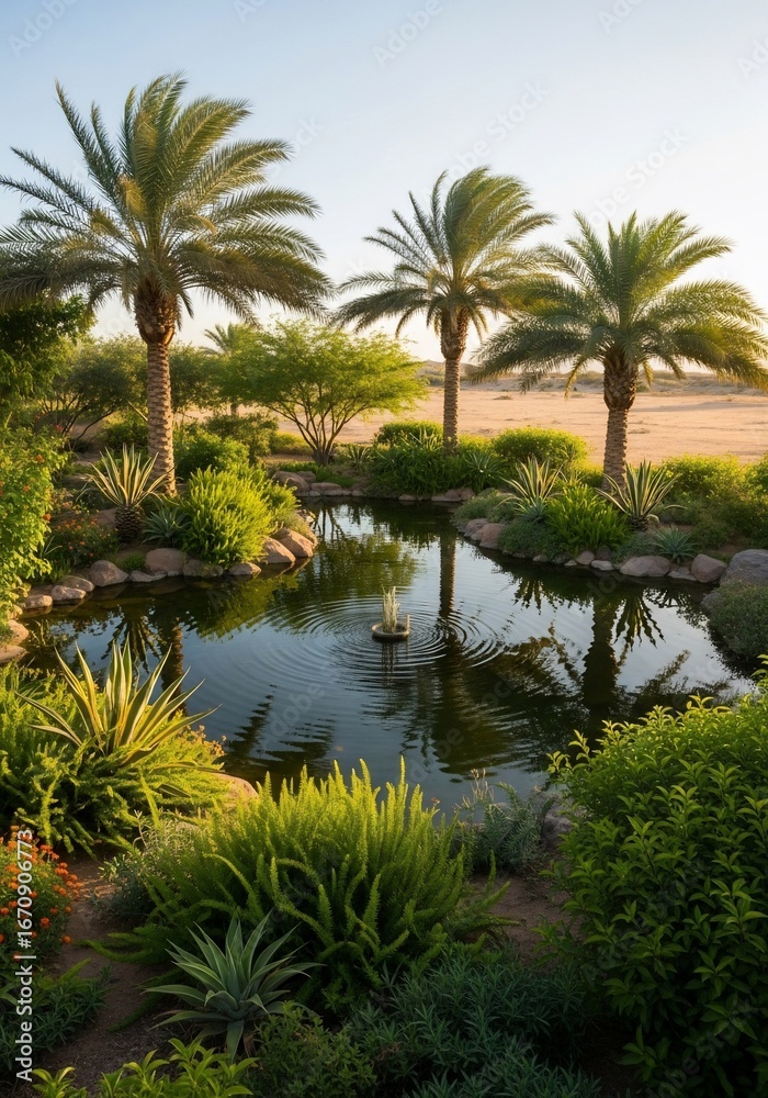 Obraz premium Tranquil pond surrounded by palm trees reflecting sky and lush greenery