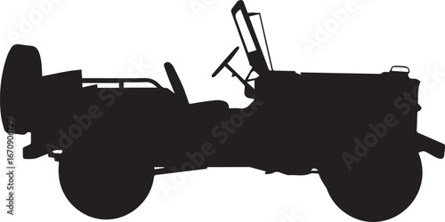 classic offroad suv silhouette with round headlights spare tire open top two seats side view vector illustration