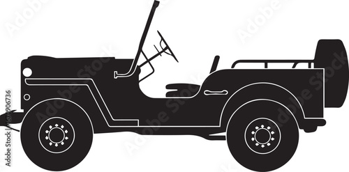 open top military suv silhouette vector art side profile with windshield minimalistic black shape graphic