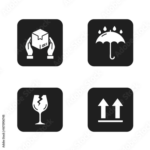 Set of four shipping and handling icons representing package care instructions for transport.