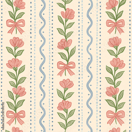 Vintage Floral Stripe Pattern with Pink Bows
