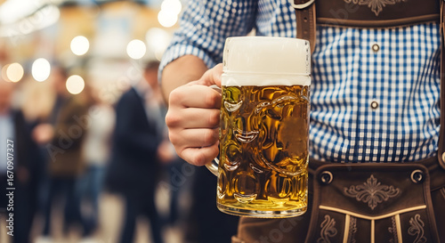 Oktoberfest Celebration: Hand Holding a Traditional Beer Mug