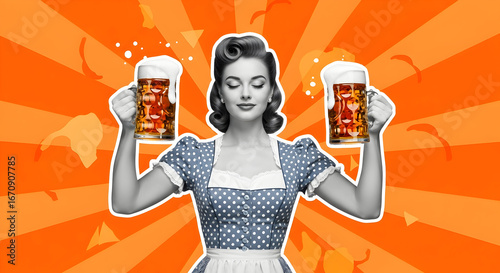 Retro Oktoberfest Joy: Woman Cheers with Beer Steins in Pop Art Style