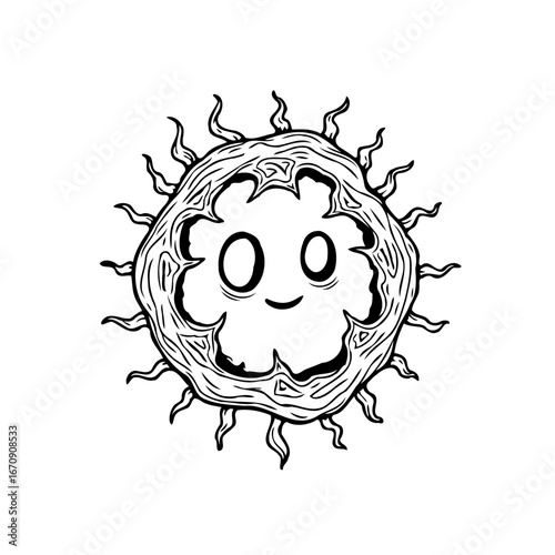 A quirky illustration of a smiling sun, radiating joyous vibes, with whimsical details and charm,