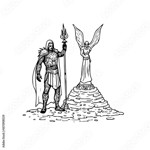 A stoic guardian with trident overlooks a winged figure embodying protective strength and watchful