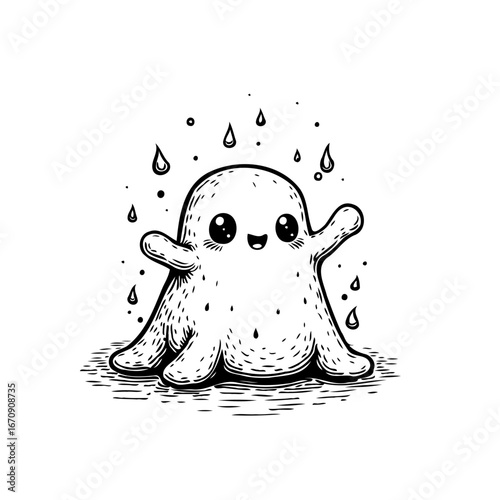 Adorable spectral creature in monochrome with playful raindrops hovering around for Halloween
