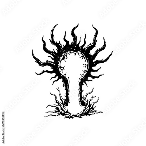 An abstract keyhole shape design evoking surreal growth and dark organic elements with
