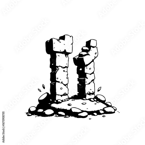 Ancient stone pillars remnants against a stark white background suggestive of forgotten