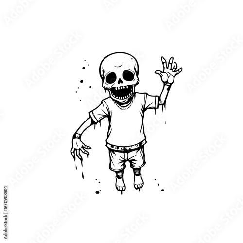 Cartoonish skeletal figure isolated on a white background exhibiting a jovial yet macabre pose
