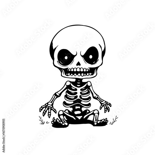Cartoonish skeleton figure in minimalist black and white design evokes spooky yet playful imagery