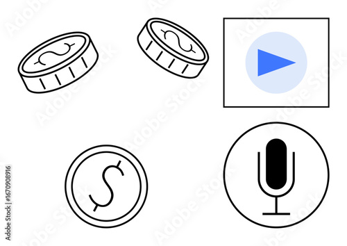 Coins highlight economy, play button represents media, microphone signifies audio or broadcasting. Ideal for finance, media, podcasts, technology, sound, digital platforms simple landing page