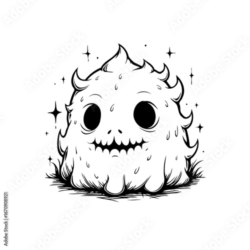 Cartoonish spectral creature with playful visage against starlit backdrop in stark black and white
