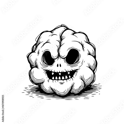Cartoonish spooky brain creature with a grimace in monochromatic artwork creating eeriness and
