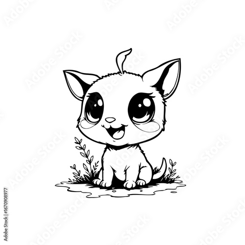Charming monochrome feline illustration displaying a playful animal with curious eyes suitable for