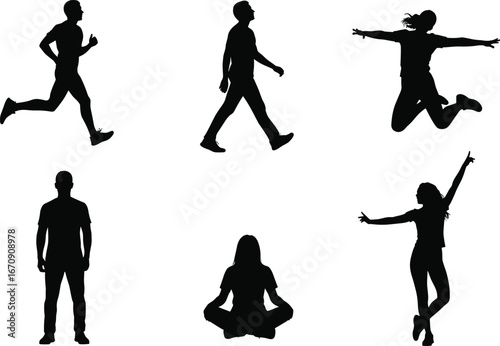 Silhouette vector illustration of people running, walking, jumping, meditating, standing, and dancing for fitness, health, activity, and lifestyle concepts.