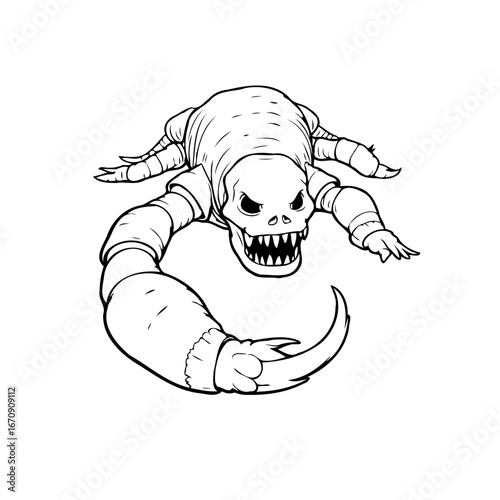 Creepy creature illustration with tail and sharp teeth depicts the halloween or horror style art