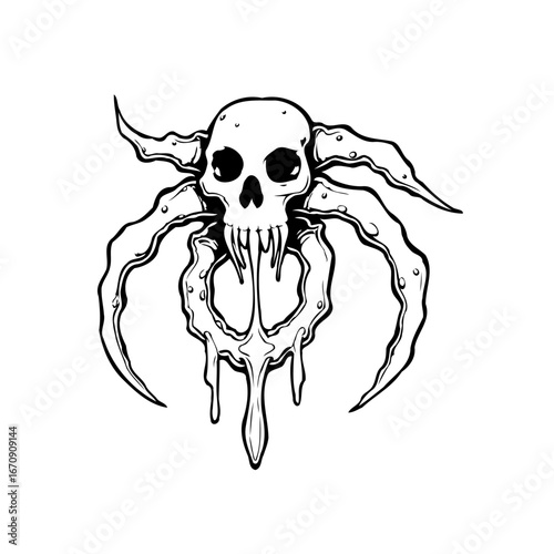 Creepy monochrome skull entity with sharp limbs and drips, surrealist artwork for dark fantasy