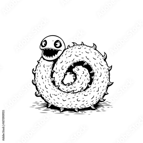 Creepy whimsical spiral creature drawing in black and white showcasing unique artistic expression