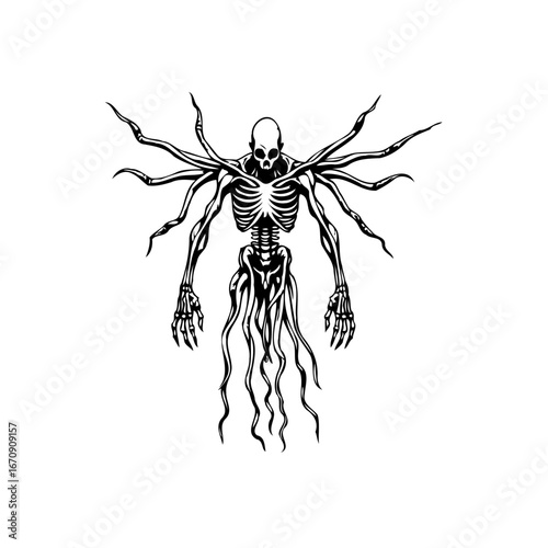 Creepy skeletal entity with tentacles illustration showcasing ominous design for eerie themed