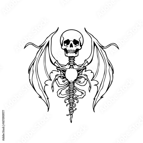 Dark ethereal artwork showcasing a winged skeleton embodying mortality and transcendence in stark