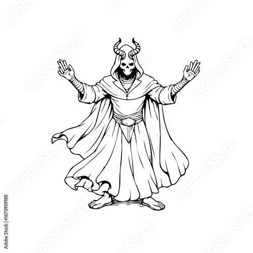 Dark horned figure in robe with outstretched hands a haunting illustration for fantasy designs
