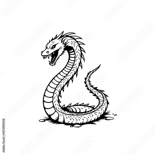 Detailed monochromatic illustration of a serpent with scales and spikes poised for action an
