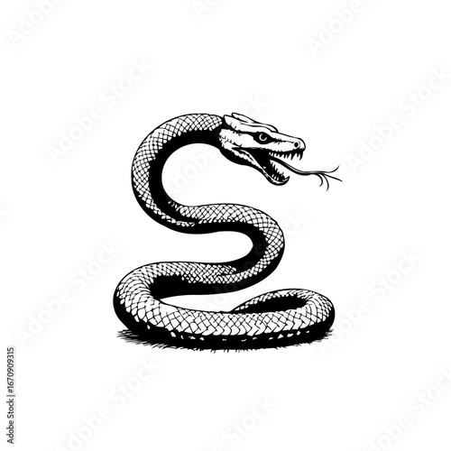 Detailed monochrome etching portraying a coiled serpent with a visible forked tongue suggesting