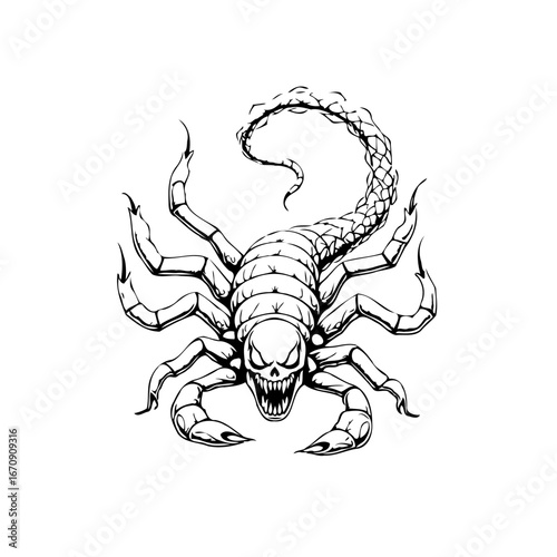 Detailed scorpion illustration with skull face menacing and formidable presence on white backdrop