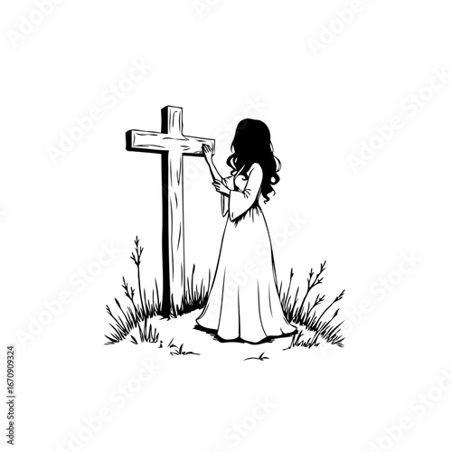 Devotion and faith portrayed in elegant minimalistic image of a woman with Christian cross and