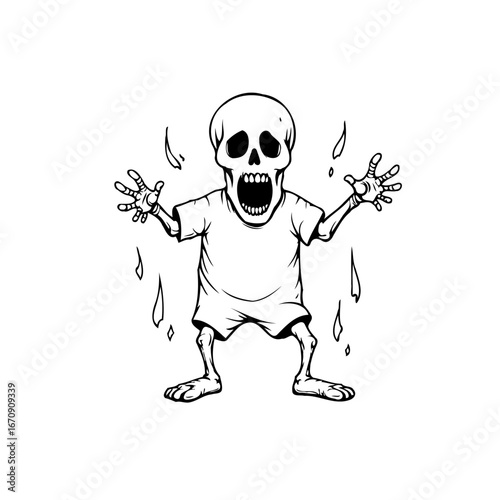 Distressed skeletal figure with an open mouth depicted in black and white linework evokes fear