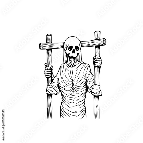 Disturbing monochrome illustration of a skeleton figure embracing a wooden framework suggestive of