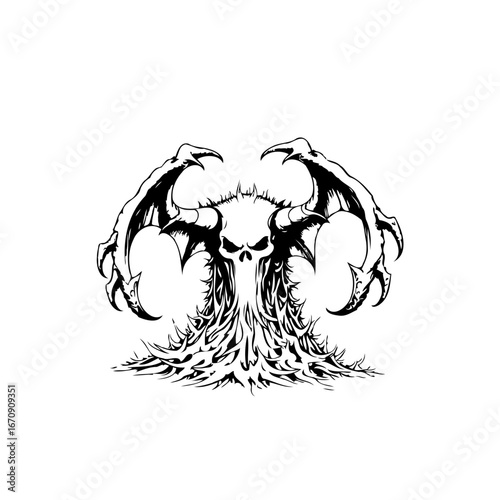 Disturbing black and white depiction showcasing a menacing skull creature with clawed wings