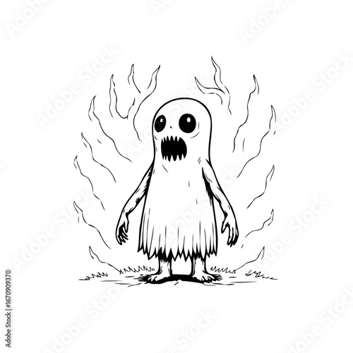 Eerie apparition emerging from shadows with a menacing gaze creating a spooky scene with ghostly