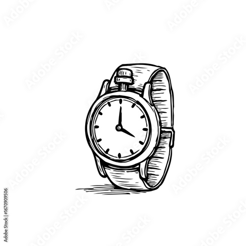 Elegant wristwatch illustration with detailed shading showing the passage of time represented