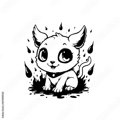 Enchanting black and white depiction of a stylized feline character amidst abstract shapes