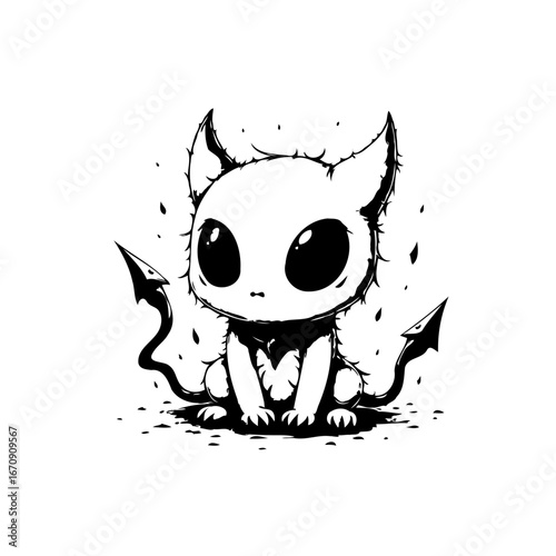 Enchanting monochrome illustration of a whimsical demon cat creature character in a playful pose
