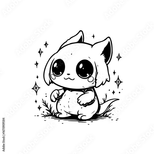 Enchanting monochrome kawaii creature with glimmering stars creates a captivating and heartwarming